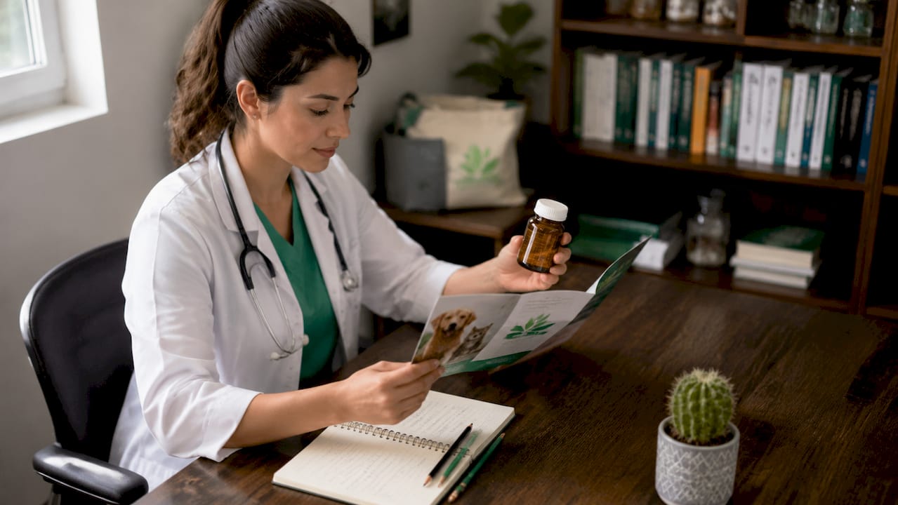 Veterinaria evaluando la calidad de los suplementos para animales de compañía