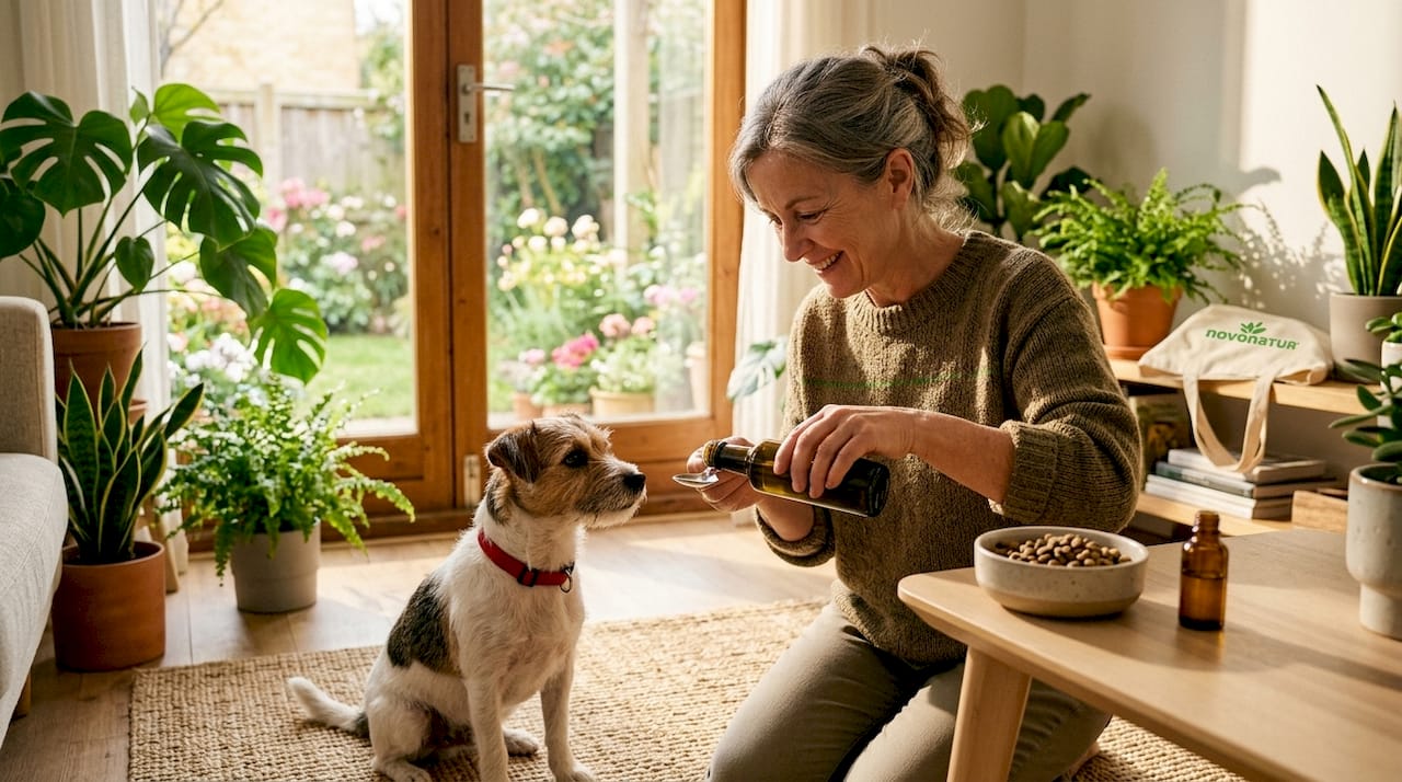 Una mujer le da un suplemento de omega a su perro mientras están en la cocina.