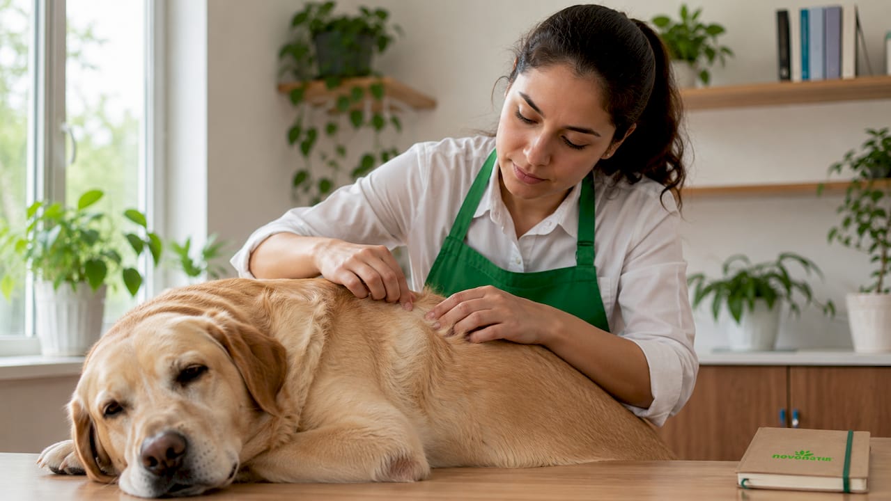 Una veterinaria revisa la piel de un perro labrador para asegurarse de que esté sana.