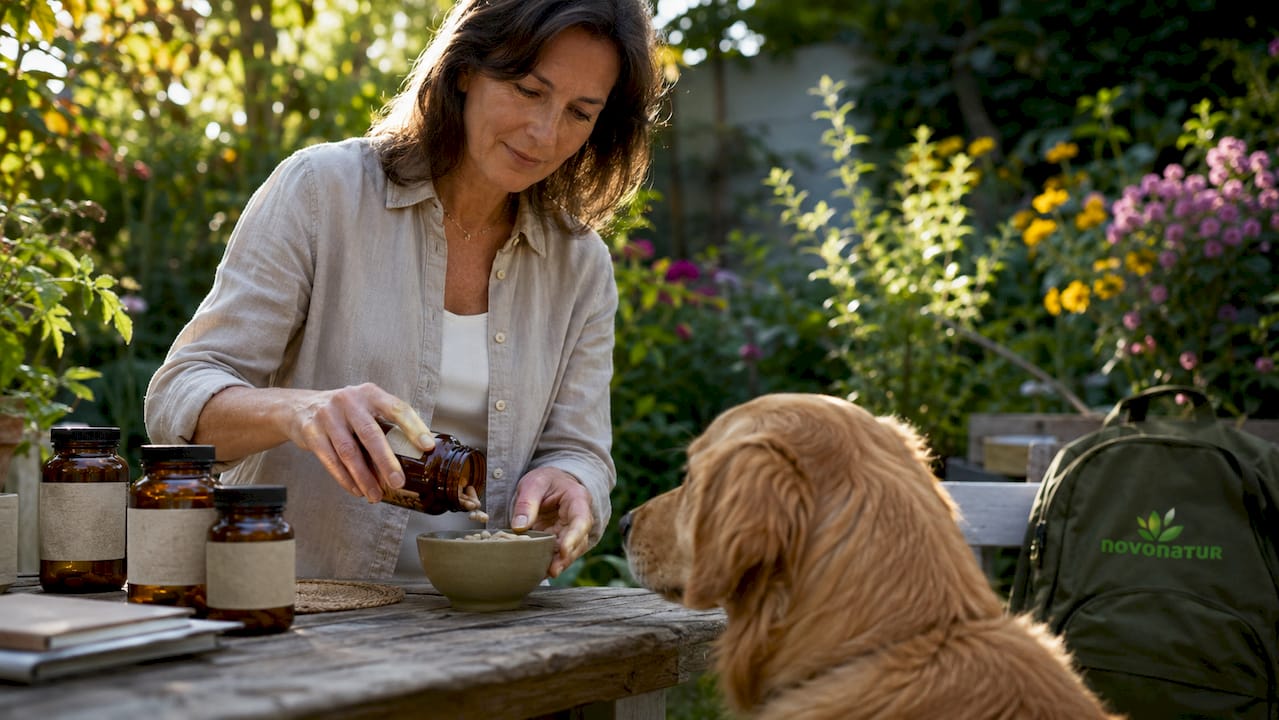 Una mujer le da suplementos naturales a su golden retriever para cuidar su salud.