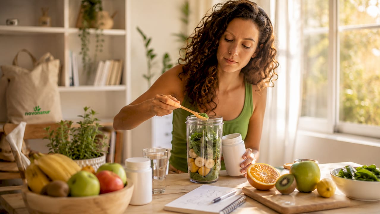 Una mujer prepara un batido nutritivo y organiza sus suplementos para cuidar su salud.