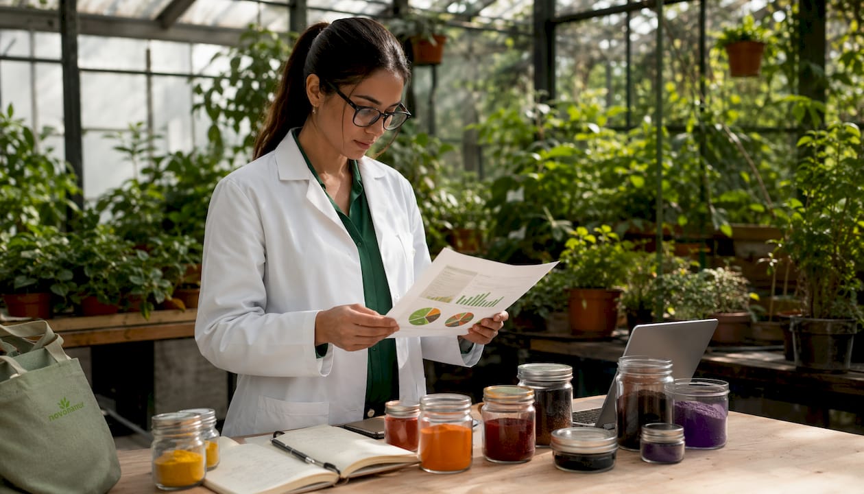 Investigadora analizando informes sobre pigmentos naturales