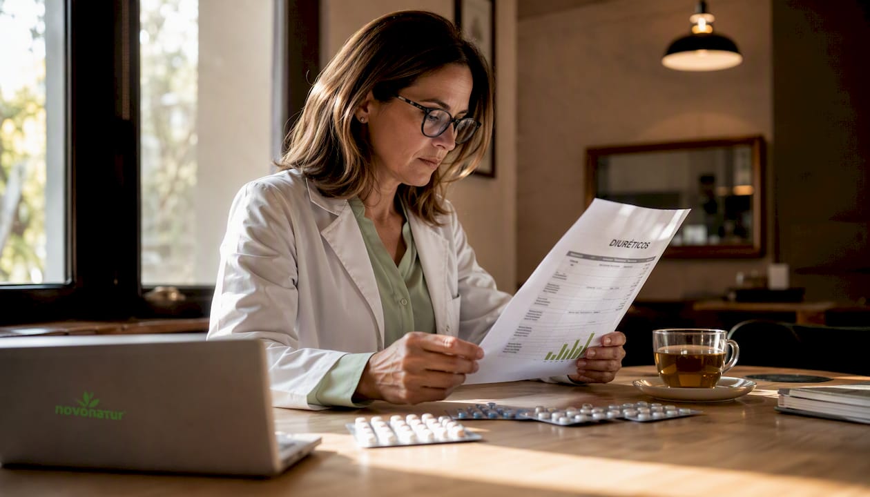 Doctora analizando un informe sobre diuréticos durante una consulta médica