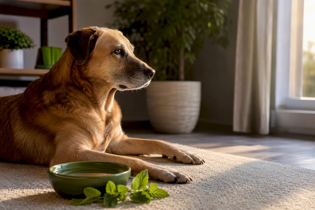 Perro tranquilo junto a plantas de melisa