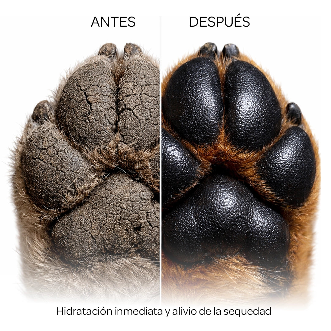Comparativa de almohadillas de perro secas y agrietadas frente a almohadillas hidratadas tras usar bálsamo reparador