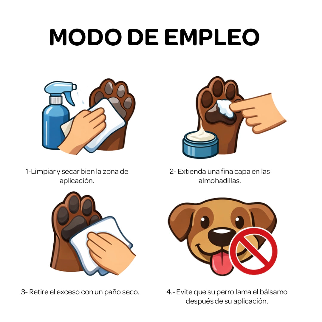 Instrucciones visuales para aplicar bálsamo en almohadillas de perro de forma correcta y segura