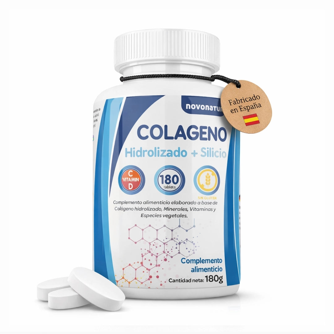 Bote de Colágeno Hidrolizado con Silicio Novonatur 180 comprimidos con vitamina C y D, suplemento alimenticio para el cuidado de piel, huesos y articulaciones, fabricado en España.