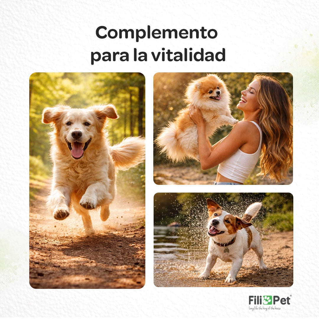 Perros jugando y corriendo mostrando vitalidad gracias a un suplemento multivitamínico que apoya la energía, bienestar y actividad diaria.