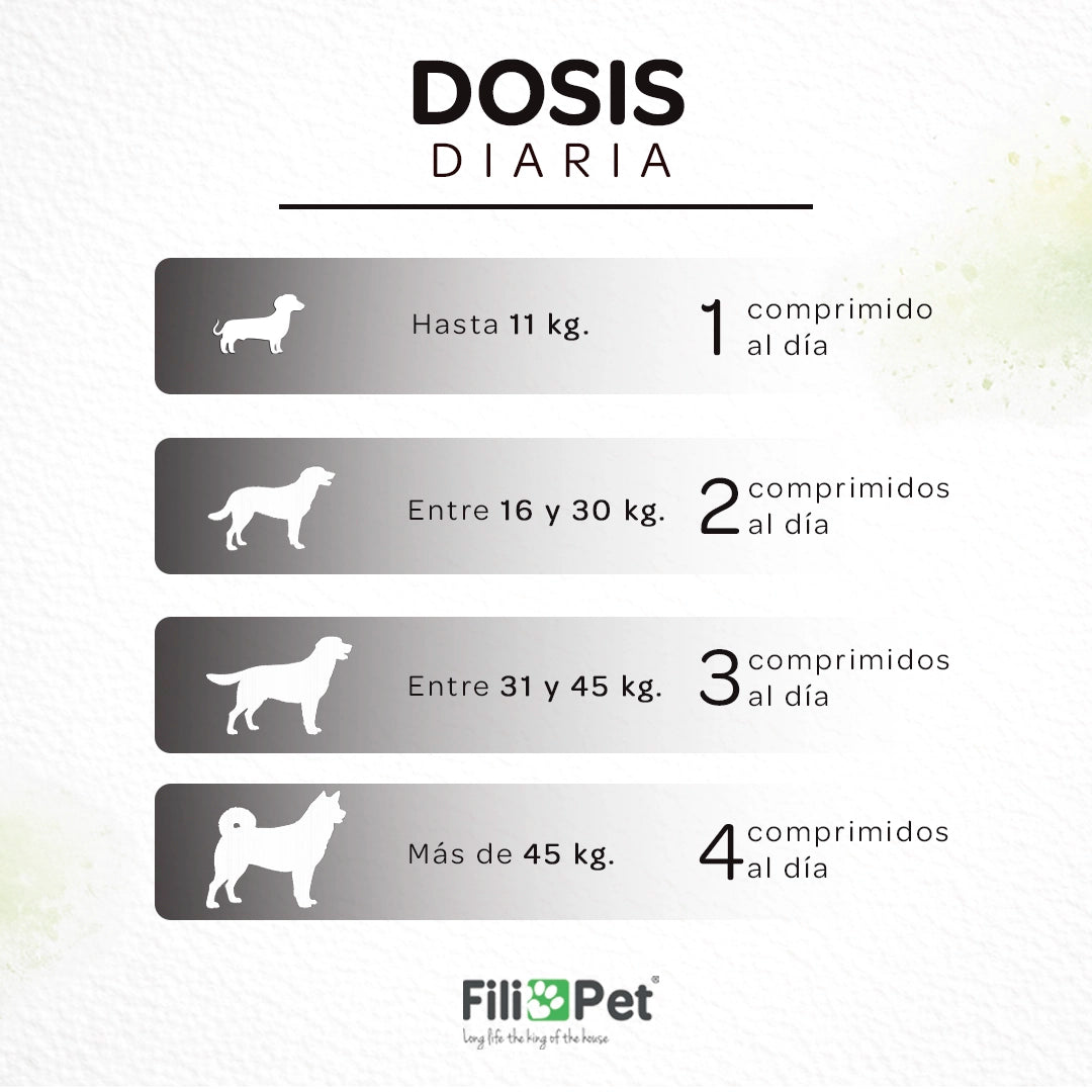 Guía de dosis diaria del suplemento para articulaciones de perros Filiflex según el peso del perro para mejorar la movilidad y el cuidado articular.