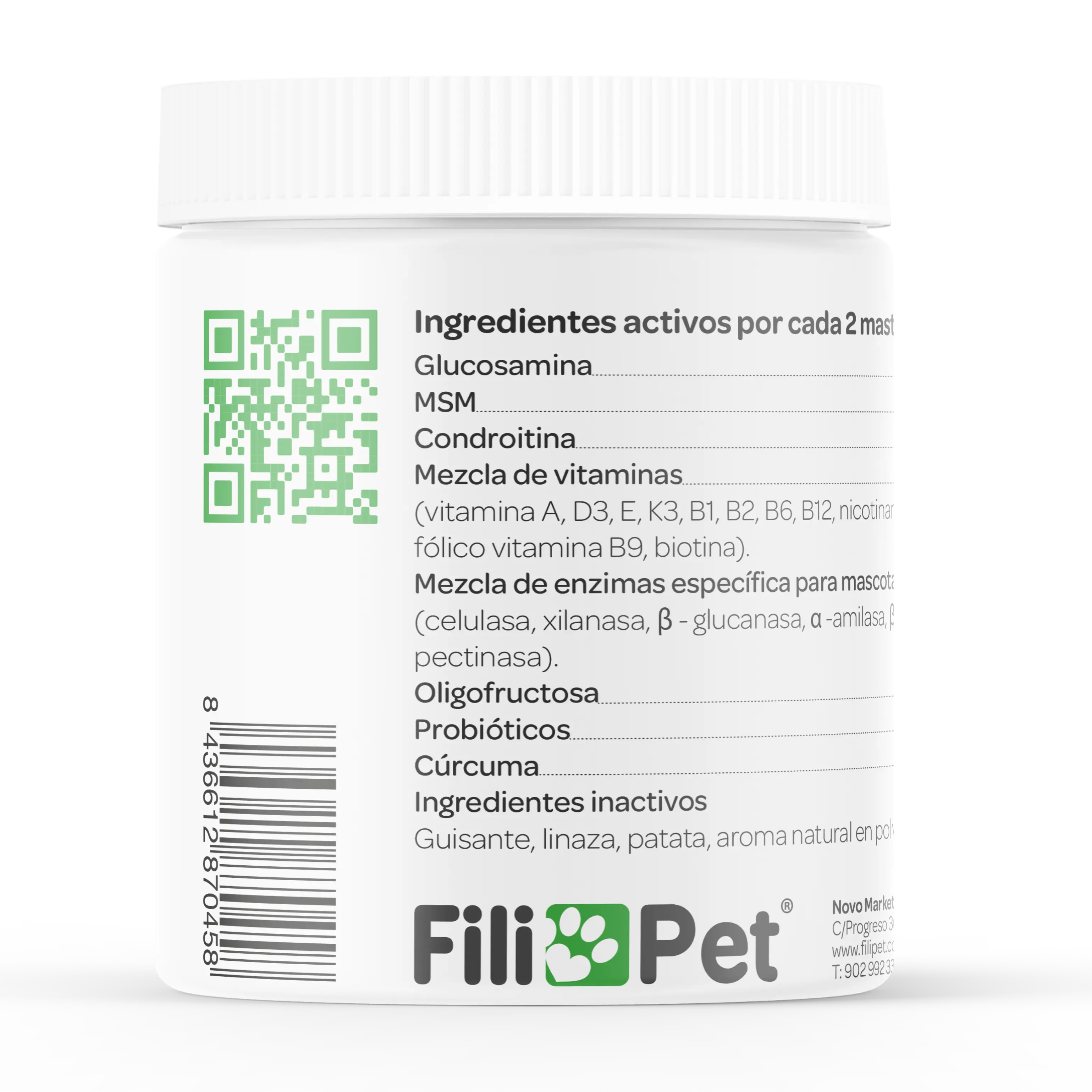 Información nutricional y composición de vitaminas y minerales en suplemento alimenticio para perros en comprimidos masticables.