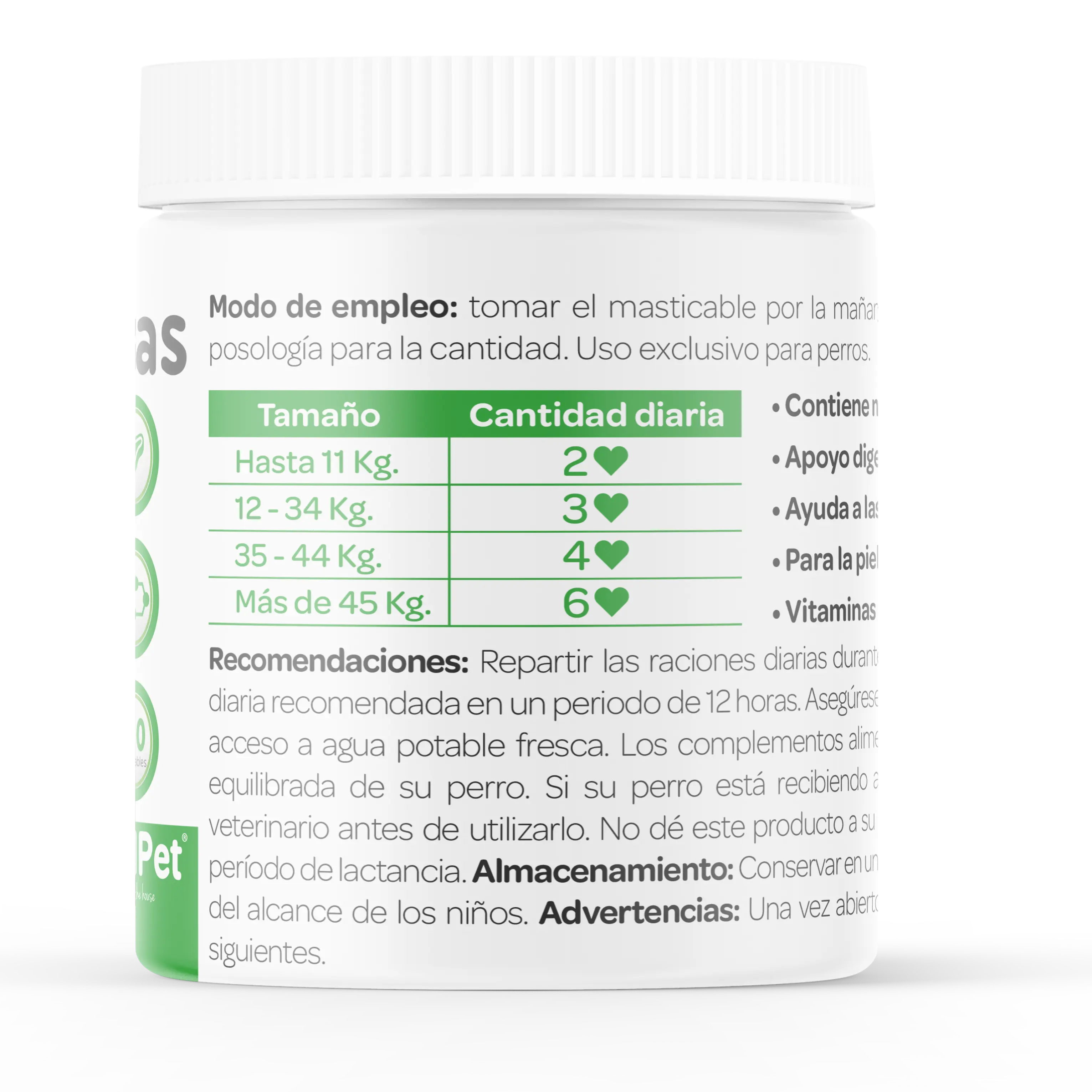 Información nutricional y composición de vitaminas y minerales en suplemento alimenticio para perros en comprimidos masticables.