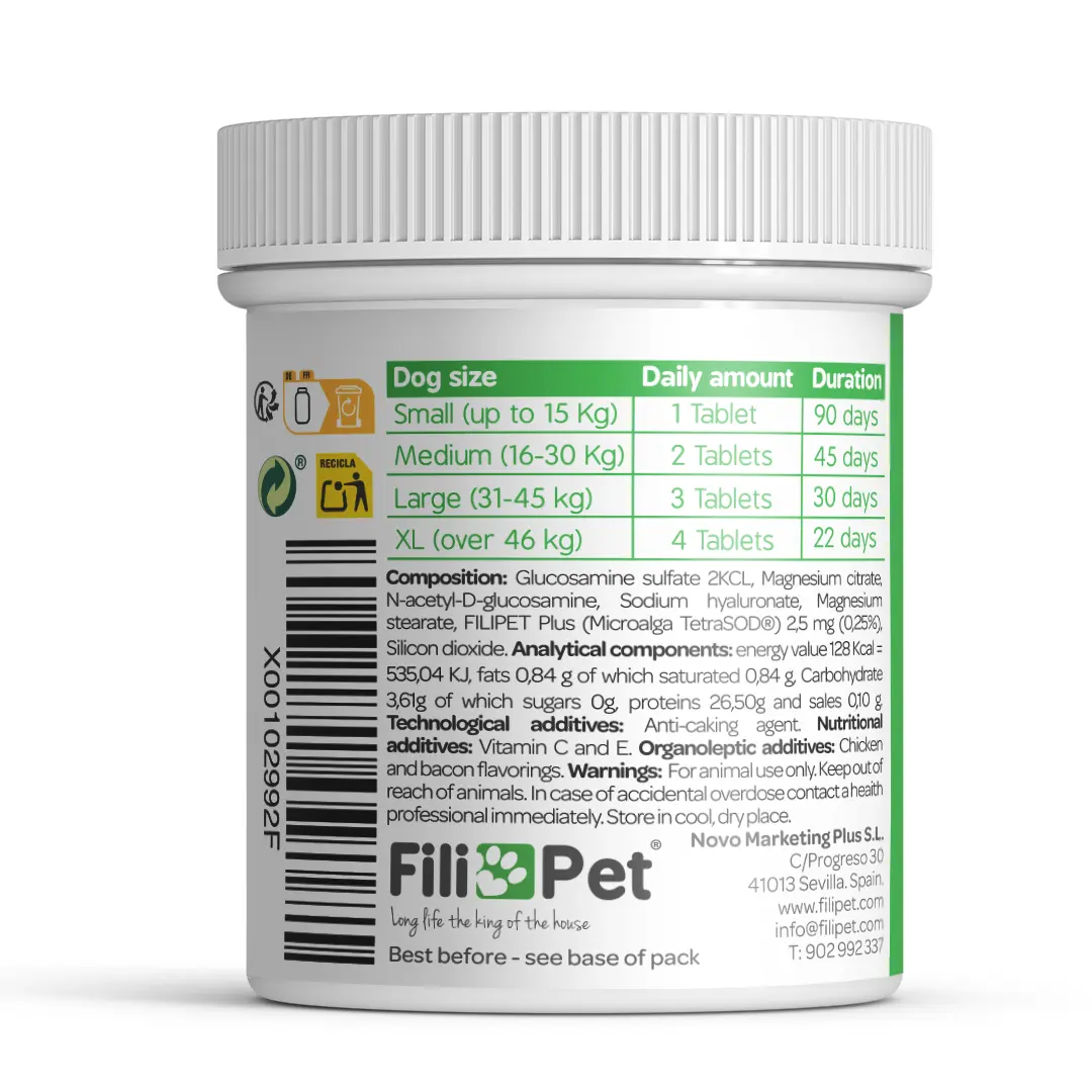 Información nutricional y composición del suplemento para articulaciones de perros Filiflex con glucosamina, condroitina y antioxidantes.