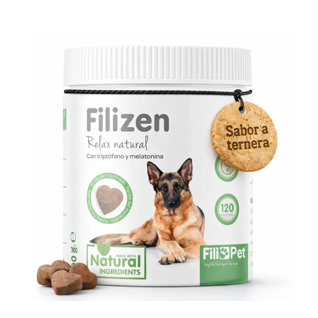 Suplemento calmante para perros Filizen Relax Natural con triptófano y melatonina, masticables sabor ternera para reducir estrés y ansiedad en perros.