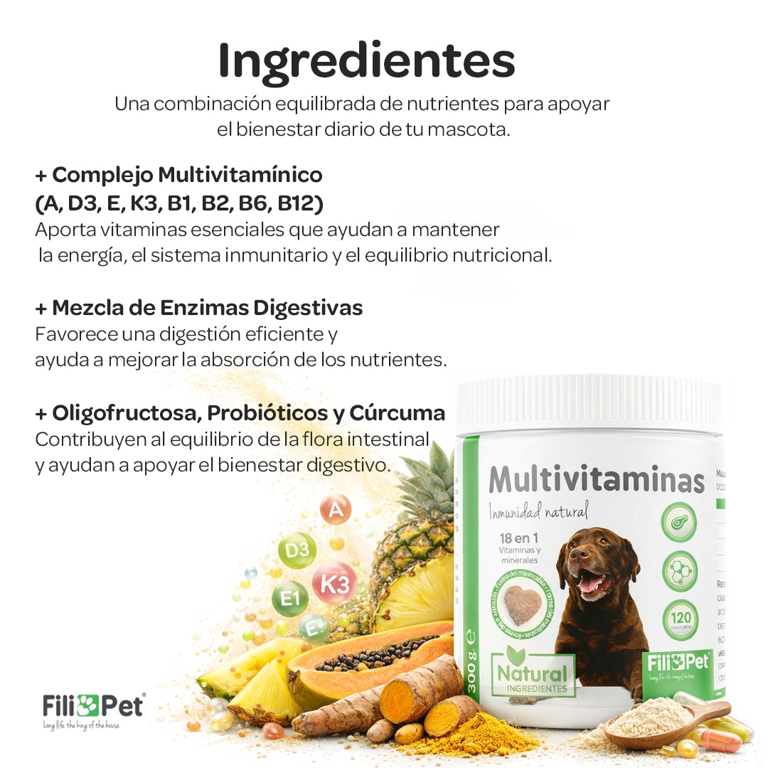 Suplemento alimenticio para perros elaborado con vitaminas, minerales y nutrientes que apoyan la energía, sistema inmune, digestión y salud general del perro.