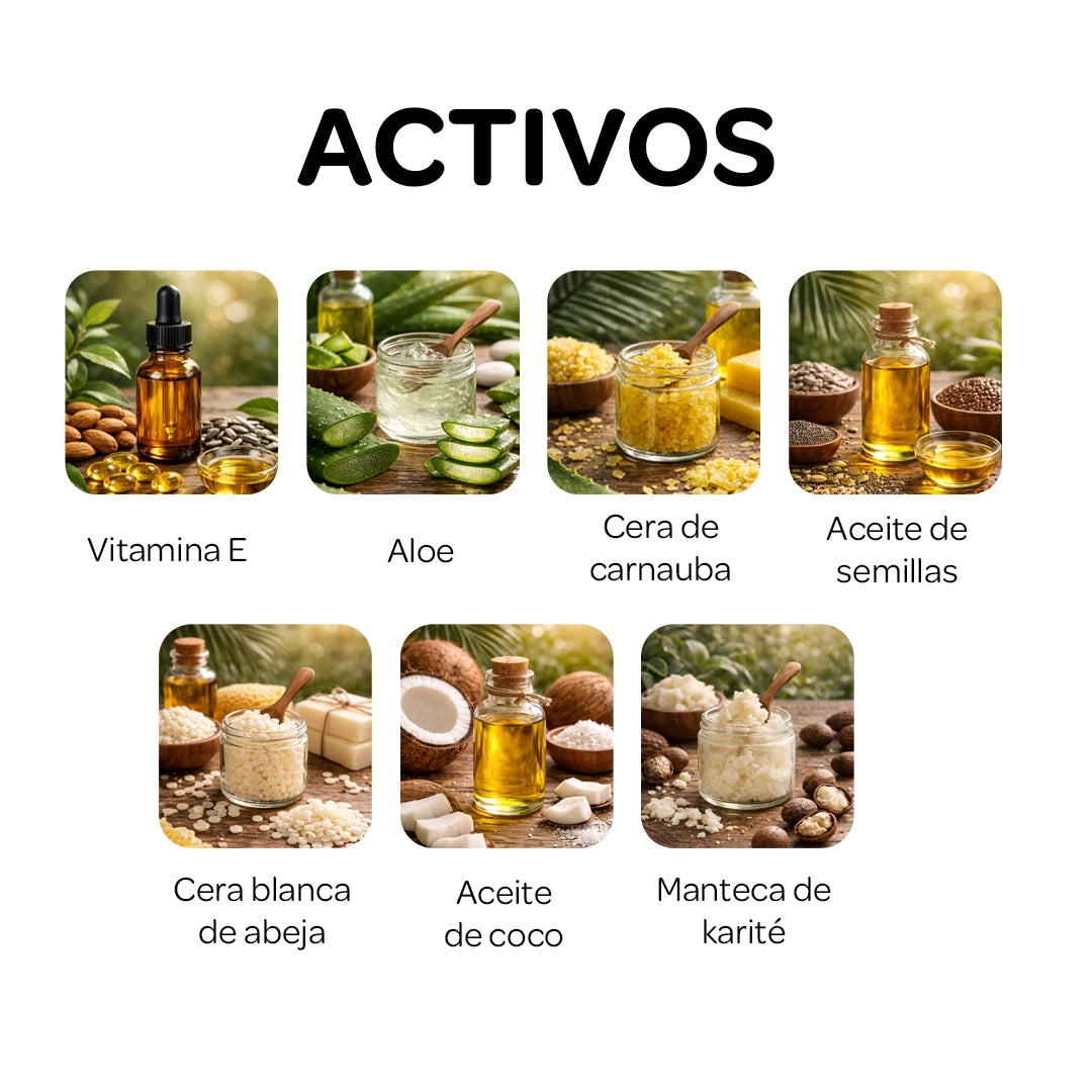 Composición de ingredientes naturales del bálsamo para perros como aloe vera, vitamina E, aceite de coco y manteca de karité