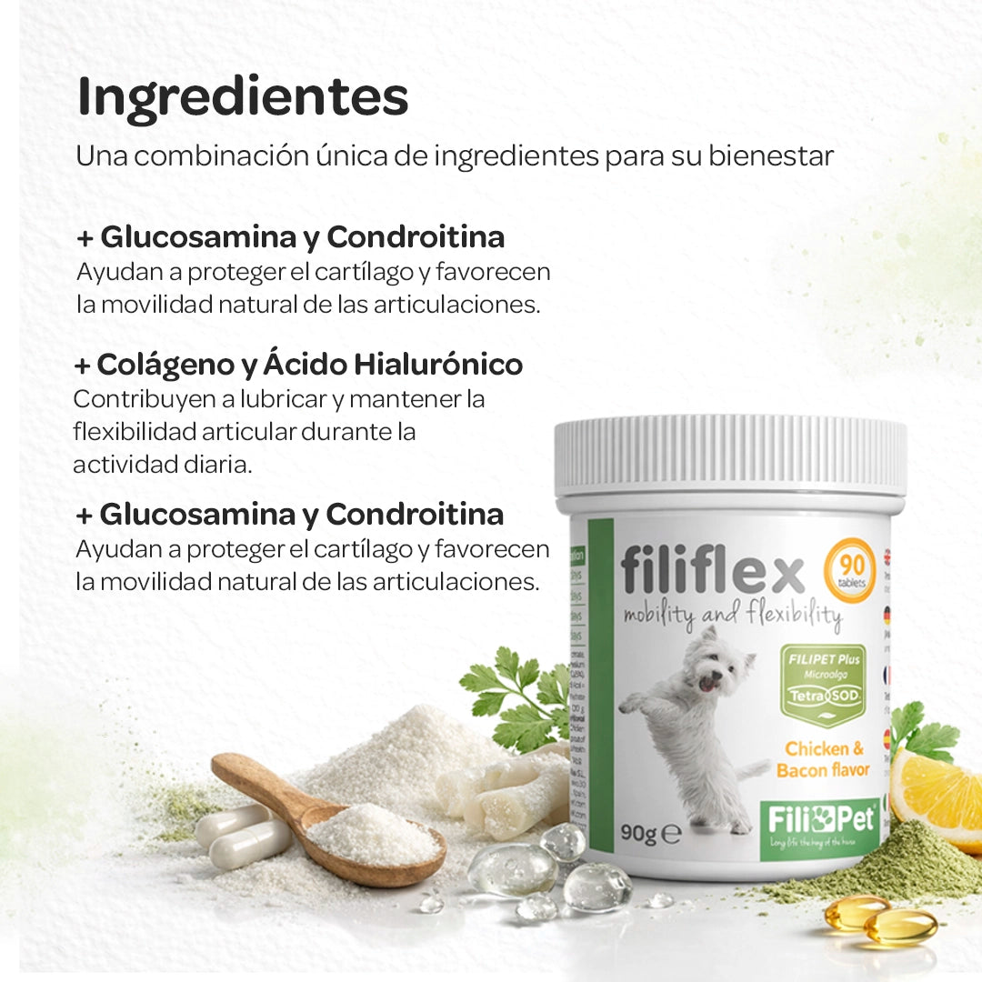 Ingredientes del suplemento para articulaciones de perros Filiflex con glucosamina, condroitina, colágeno, ácido hialurónico, vitamina C y vitamina E para el cuidado de las articulaciones.
