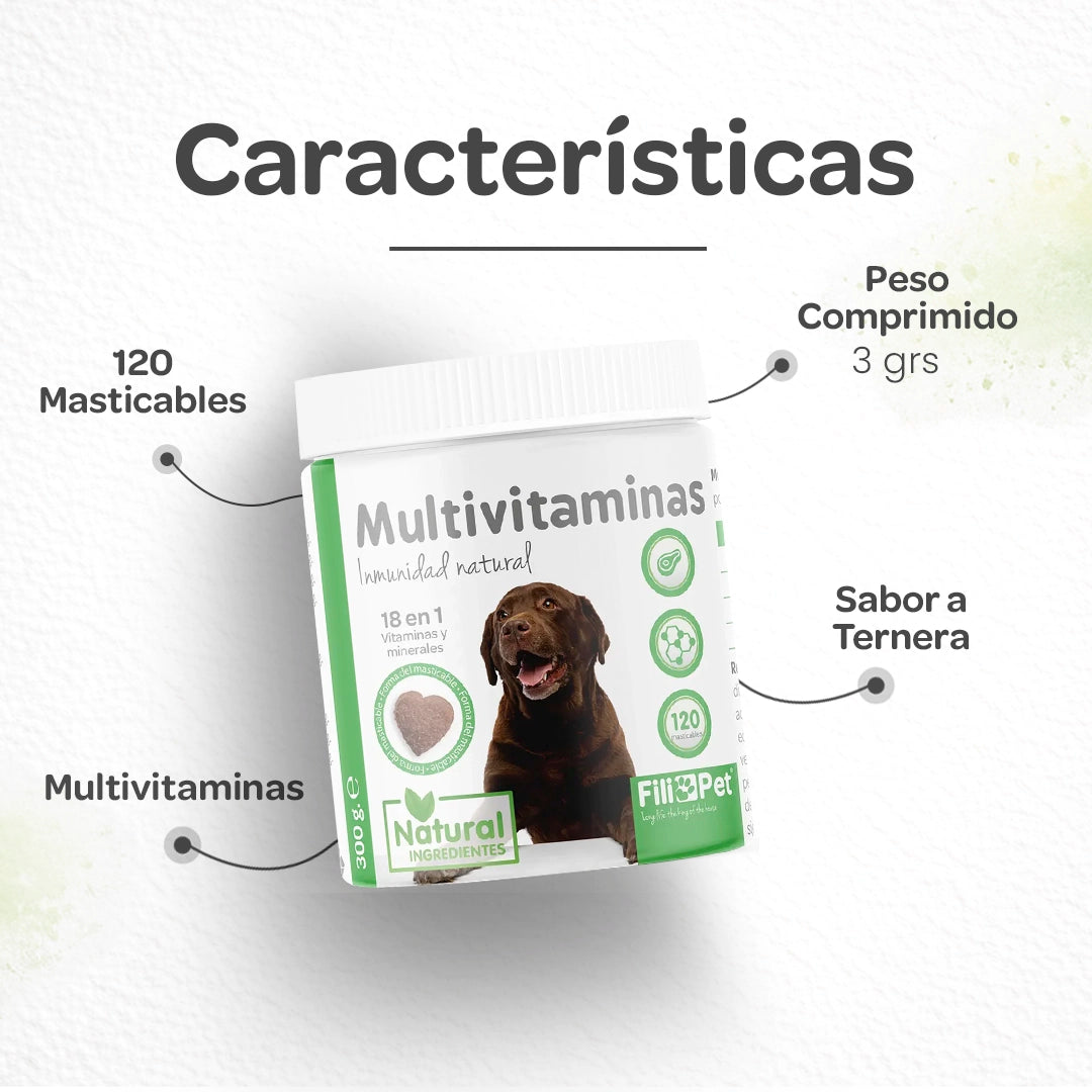 Vitaminas para perros en comprimidos masticables, suplemento multivitamínico con 120 unidades y fórmula completa para apoyar la salud general de perros de todas las razas.