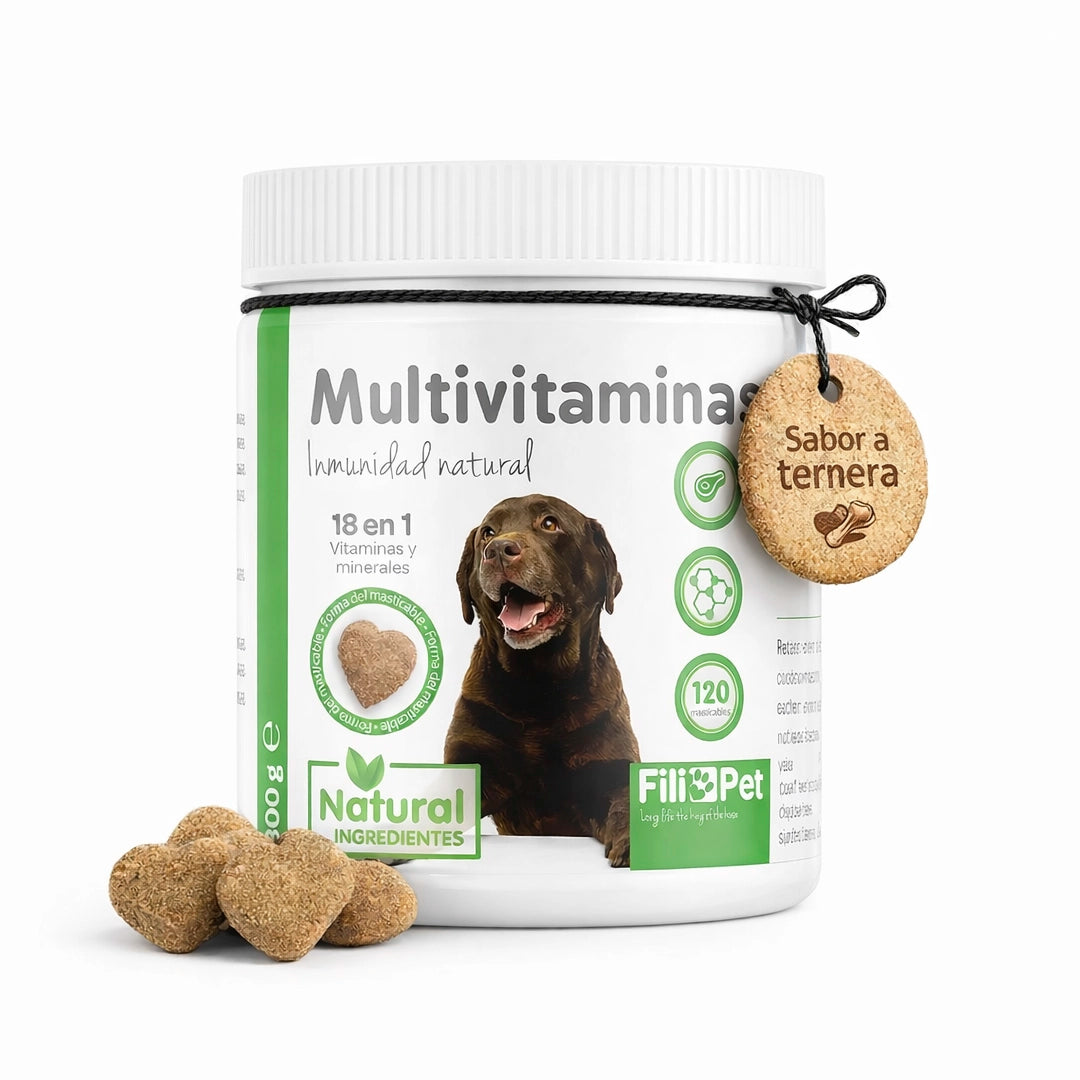 Suplemento multivitamínico para perros con vitaminas y minerales esenciales, comprimidos masticables sabor ternera para mejorar la salud, energía, piel y pelaje del perro.