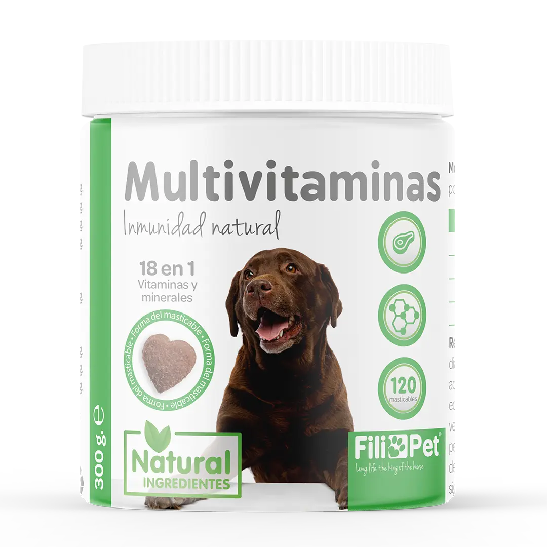 Bote de multivitamínico para perros con 18 vitaminas y minerales esenciales en comprimidos masticables para apoyar la salud y bienestar canino.