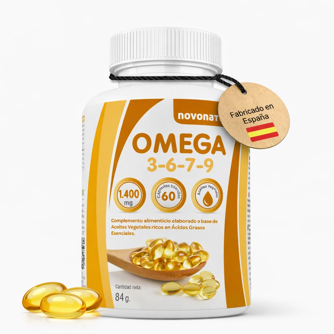 Bote de Omega 3-6-7-9 Novonatur 1400 mg con 60 cápsulas blandas de aceites vegetales ricos en ácidos grasos esenciales, suplemento alimenticio fabricado en España.