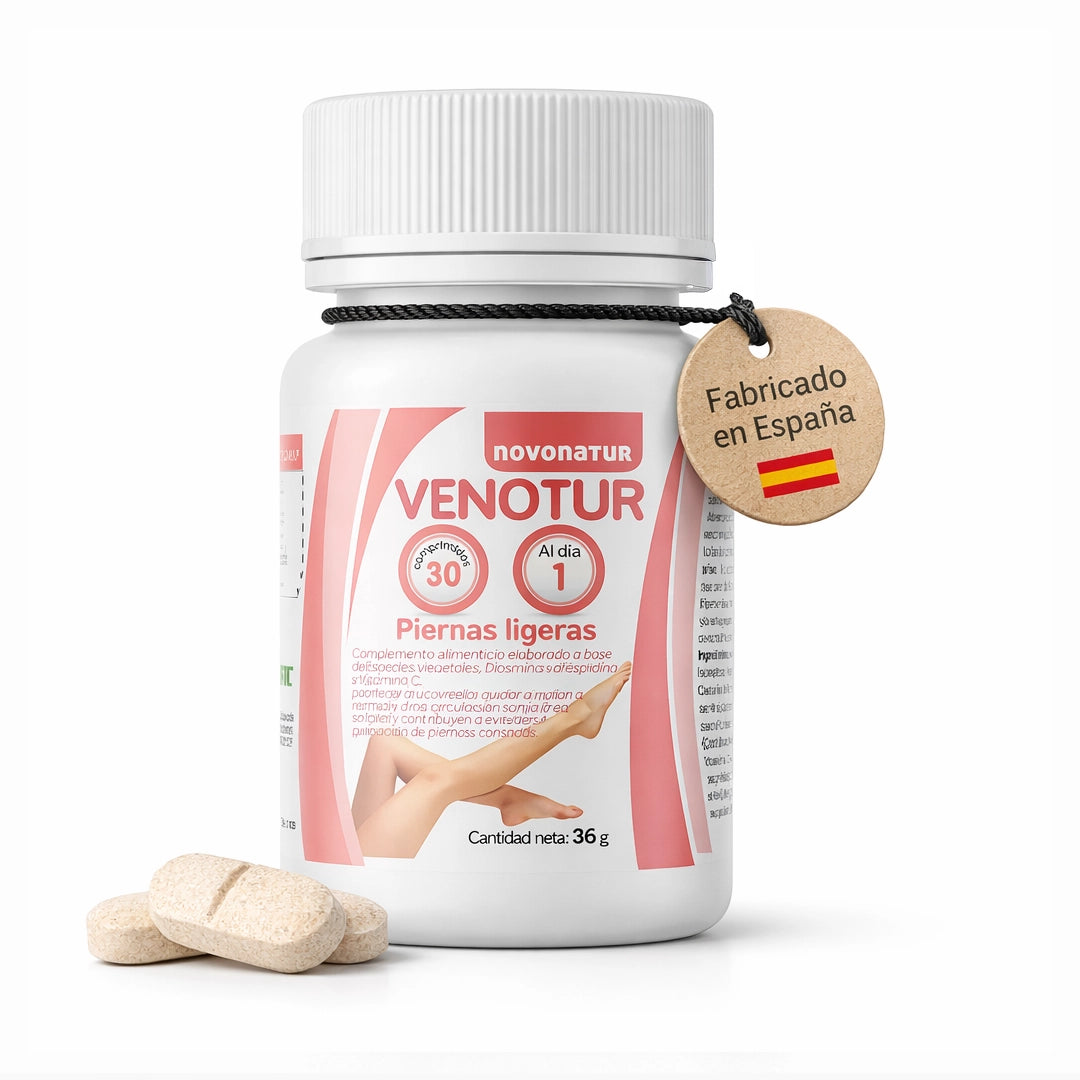 Bote de Venotur Novonatur con 30 comprimidos para piernas ligeras, suplemento alimenticio con extractos vegetales para favorecer la circulación y aliviar la sensación de piernas cansadas, fabricado en España.