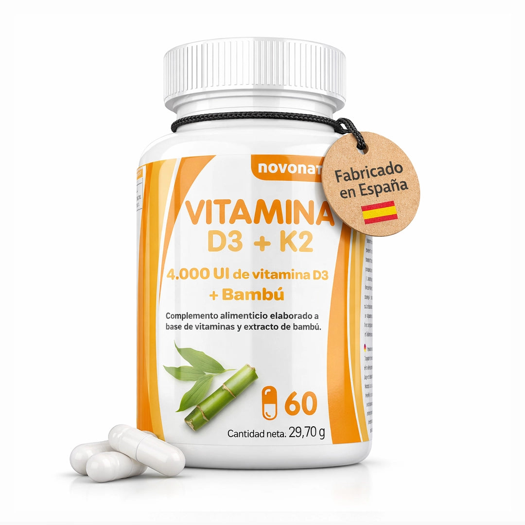 Bote de Vitamina D3 + K2 Novonatur 4000 UI con extracto de bambú y 60 cápsulas, suplemento alimenticio para el sistema inmunitario, salud ósea y absorción del calcio.