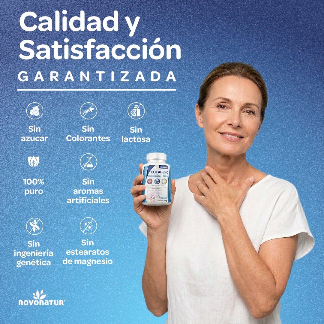 Mujer sosteniendo colágeno hidrolizado Novonatur, fórmula sin azúcar ni lactosa con 180 comprimidos.