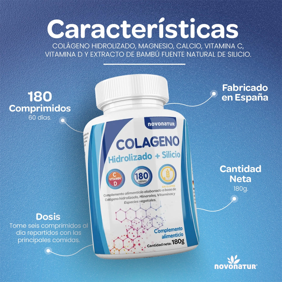Características del colágeno hidrolizado con silicio Novonatur 180 comprimidos, fórmula con vitaminas y minerales fabricado en España.