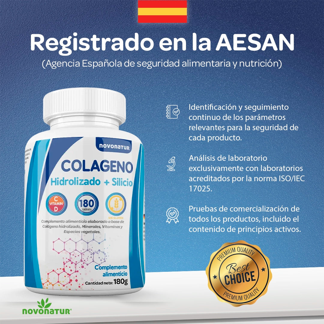 Colágeno hidrolizado con silicio registrado en AESAN, complemento alimenticio con control de calidad.