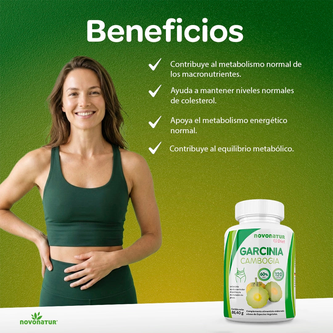 Mujer saludable junto a Garcinia Cambogia 60% HCA, complemento alimenticio para apoyar el metabolismo energético y el equilibrio corporal.