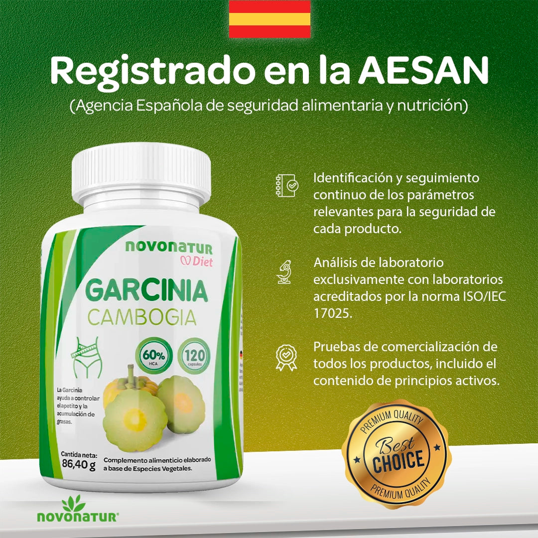 Garcinia Cambogia Novonatur registrado en AESAN, complemento alimenticio fabricado en España con control de calidad.