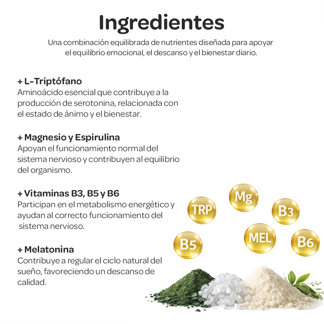 Triptófano + magnesio + espirulina + melatonina