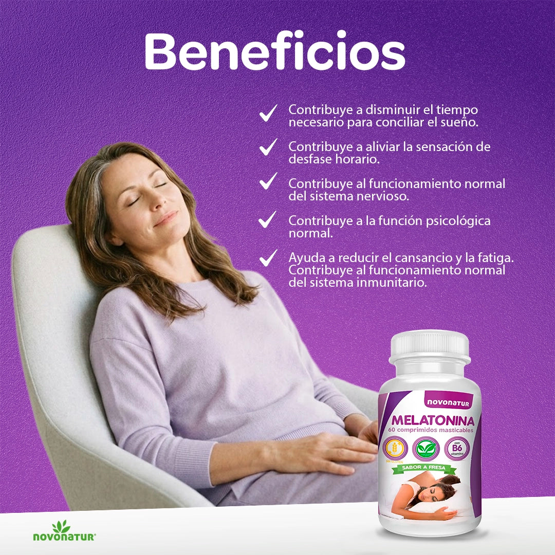 Mujer relajada junto a melatonina 60 comprimidos masticables, complemento alimenticio para apoyar el descanso nocturno.