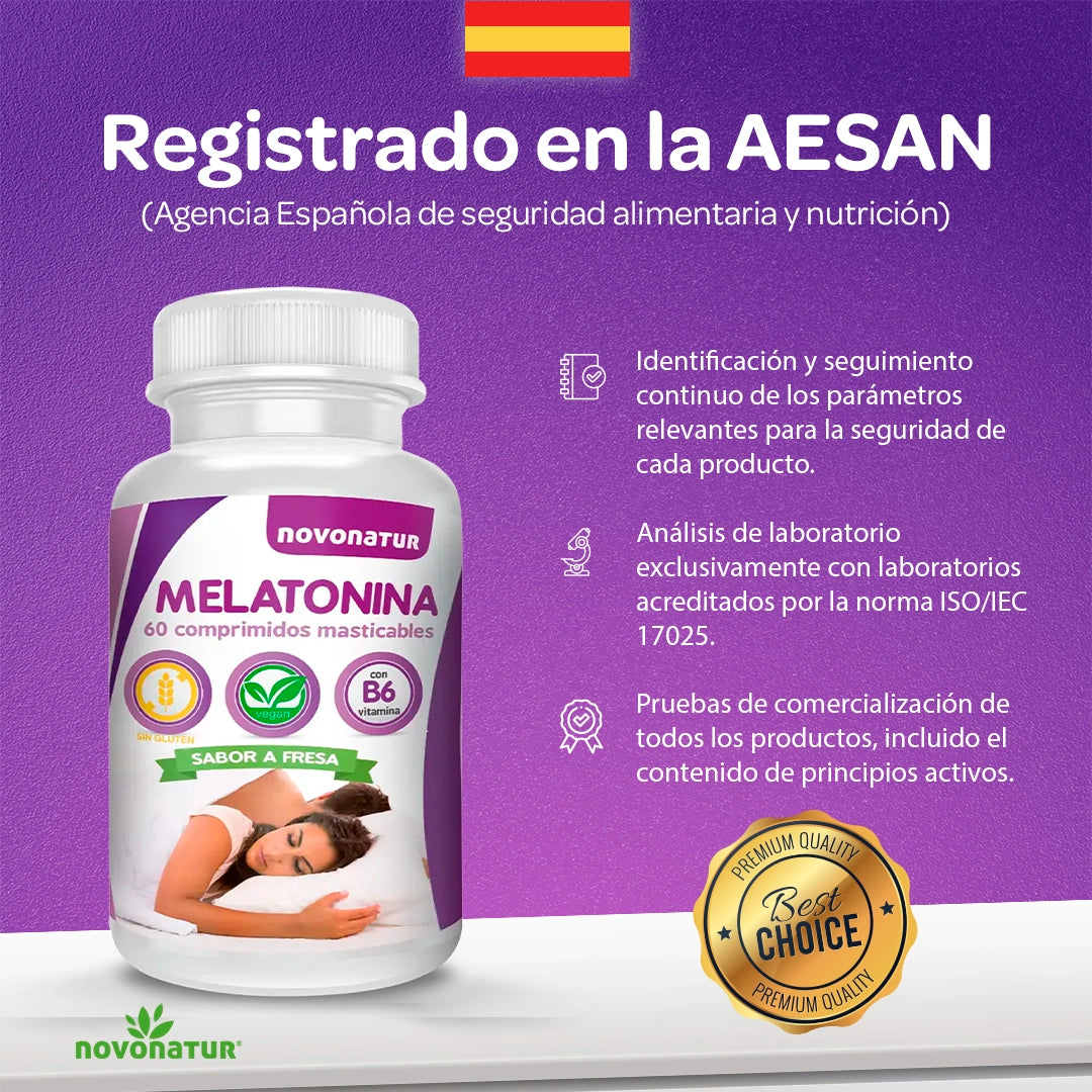 Melatonina Novonatur registrada en AESAN, complemento alimenticio con control de calidad.