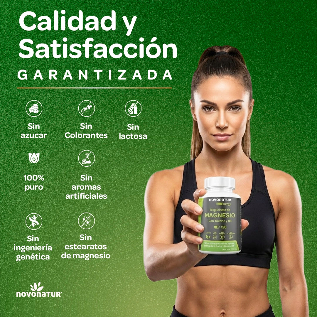 Imagen de Novonatur bisglicinato de magnesio con taurina y vitamina B6, suplemento 120 comprimidos, sin azúcar, sin lactosa, sin colorantes ni aromas artificiales, sin OGM, alta calidad y pureza garantizada.