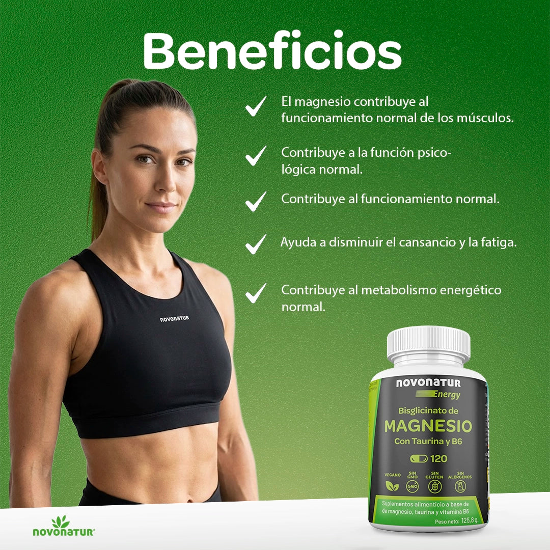 Imagen de beneficios de Novonatur bisglicinato de magnesio con taurina y vitamina B6, suplemento para músculos, metabolismo energético y reducción del cansancio y la fatiga, 120 comprimidos, ideal para deportistas.