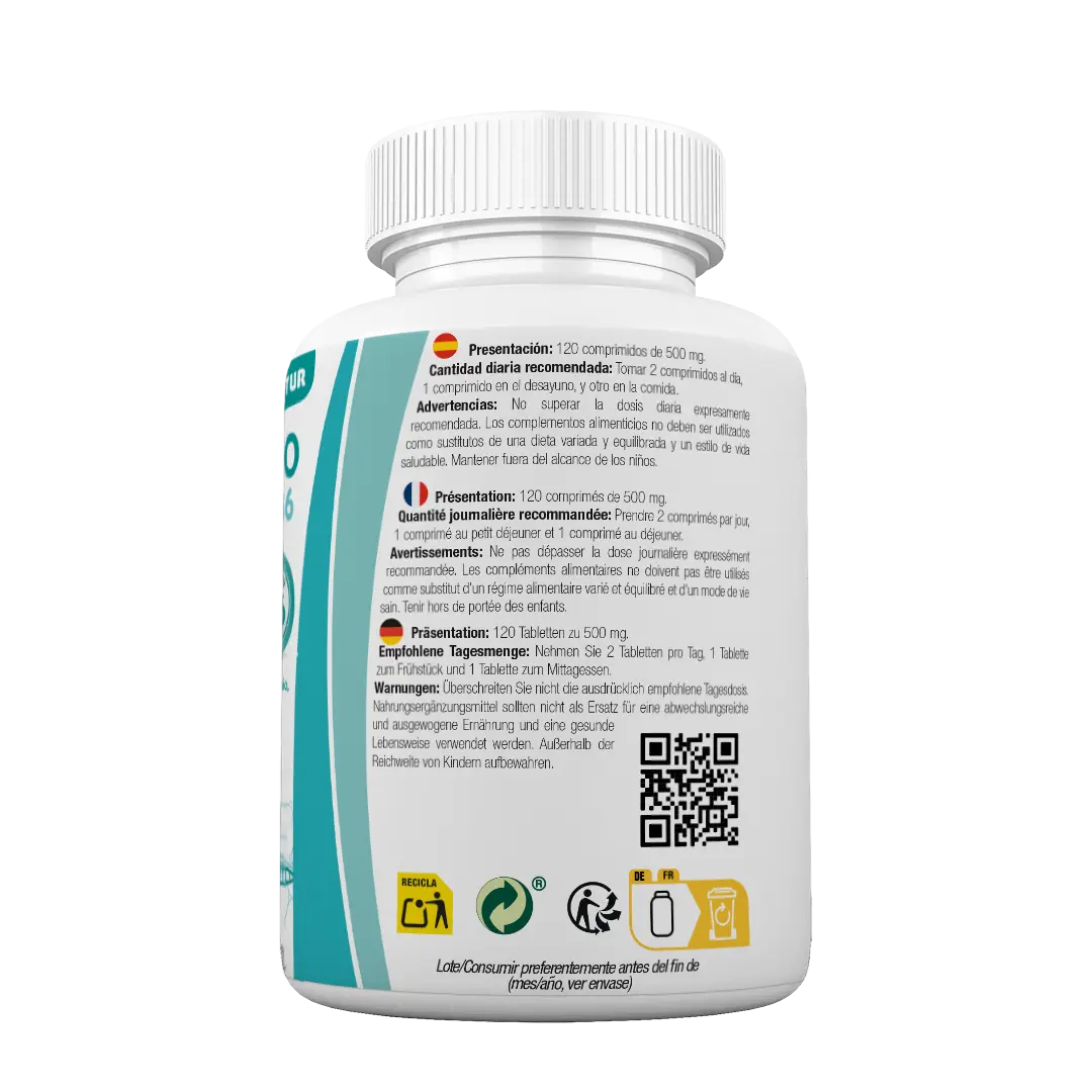 Parte trasera Novonatur Magnesio + Vitamina B6 120 comprimidos, dosis recomendada 2 al dia, suplemento para cansancio, fatiga y calambres musculares, fabricado en España.