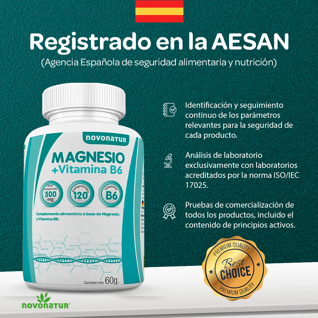 Novonatur Magnesio + Vitamina B6 120 comprimidos, suplemento alimenticio para cansancio y fatiga, apoyo a funcion muscular y sistema nervioso, fabricado en España.