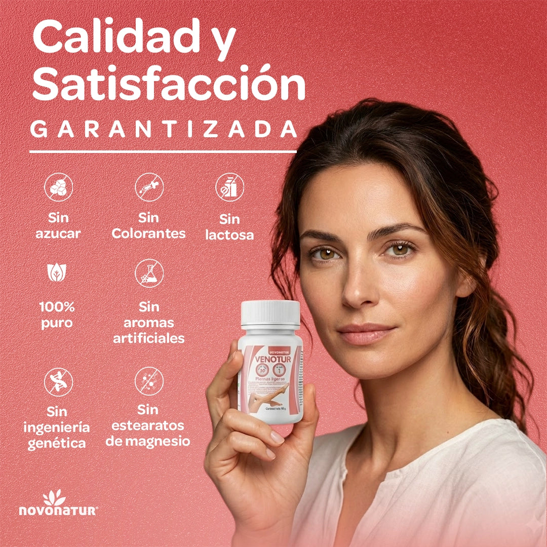 Novonatur Venotur suplemento natural sin colorantes ni lactosa, garantía de calidad para mejorar la circulación sanguínea.
