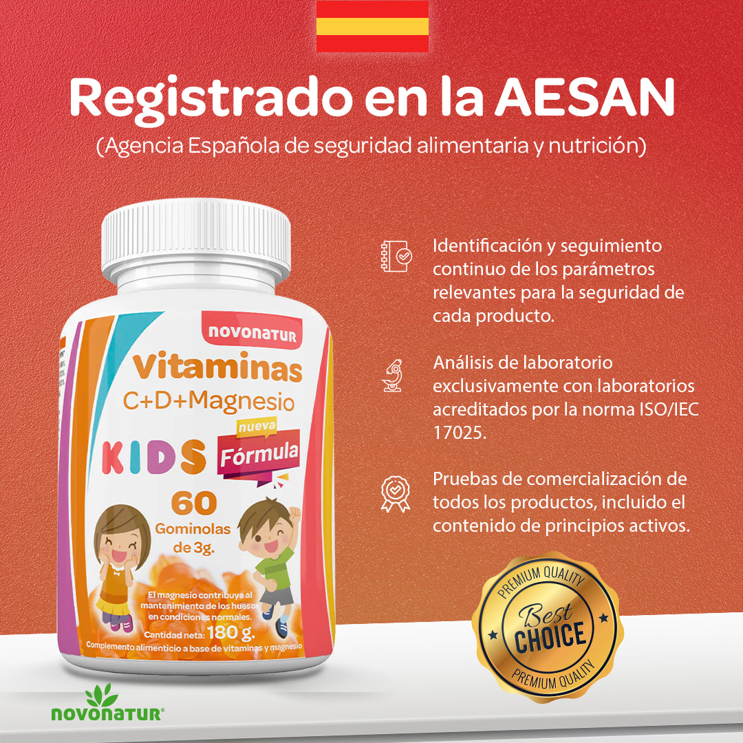 Imagen Novonatur Vitaminas C D Magnesio Kids 60 gominolas 180 g, complemento infantil registrado en AESAN, fabricado en España con controles de calidad y analisis de laboratorio acreditados.