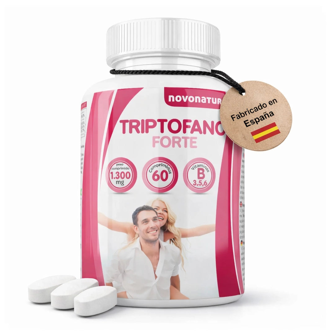 Bote de Triptofano Forte Novonatur 1300 mg con vitaminas B3 B5 B6 y 60 comprimidos, complemento alimenticio fabricado en España con tres tabletas blancas sobre fondo blanco.